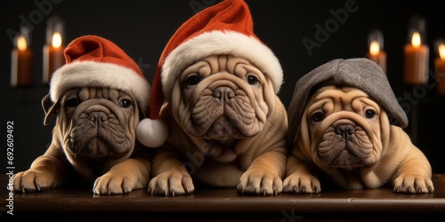 A group of Shar Pei puppies wearing a Santa hat. Cute dogs leaning on a wooden table. Dark background. photo