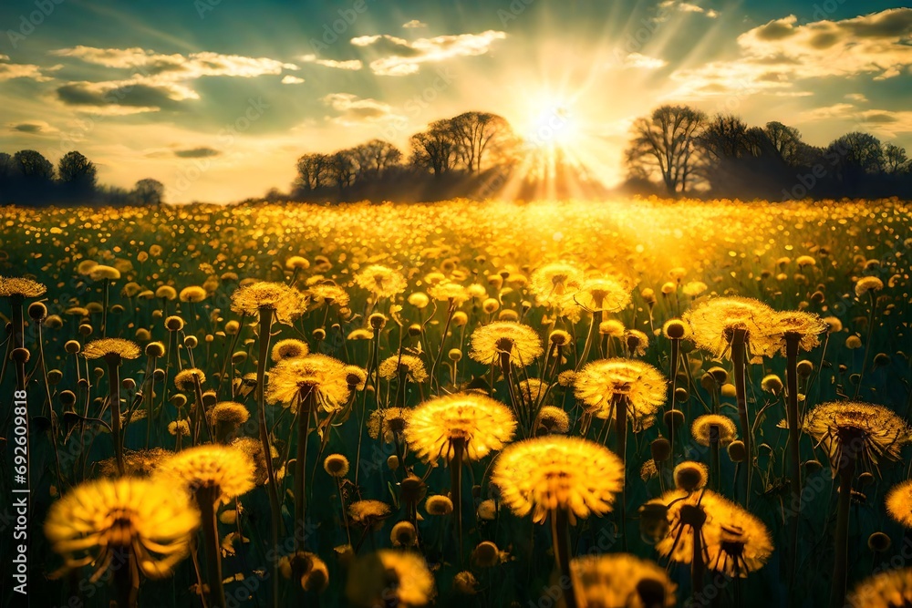Obraz premium Sunlight filtering through a field of golden dandelions, set against the backdrop of a vivid blue sky.