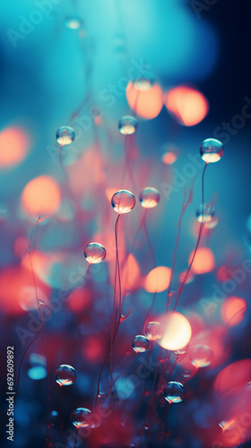 Abstract Bokeh Lights with Blurred Circles in Warm & Cool Tones - Close-Up of Water Droplets on Plant Life, Tranquil Blue-Red Background - Serene Natural Artwork