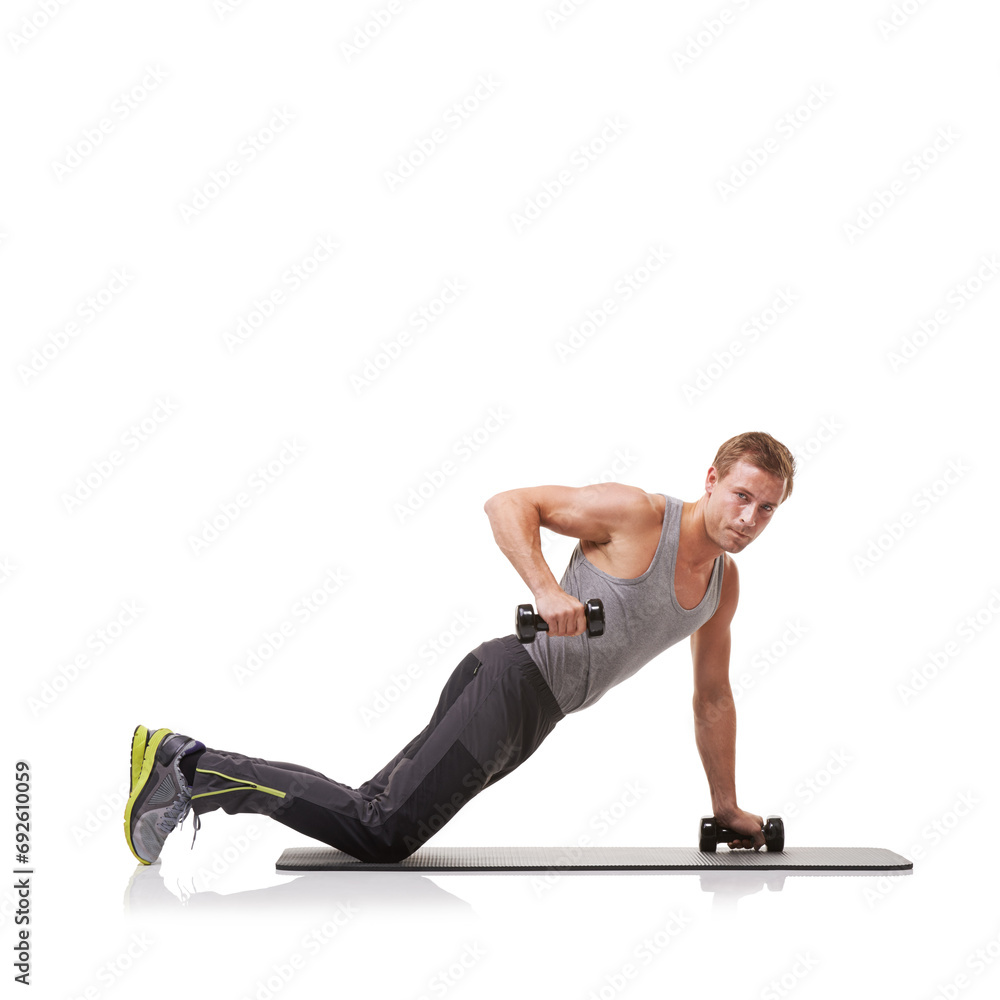 Obraz premium Push up, knee or portrait of athlete in dumbbells training, exercise or workout for fitness. Studio mockup space, man or healthy bodybuilder with weights for strong biceps muscle on white background