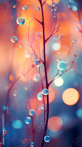 Color Contrast in Bokeh: Circular Light Spots with Blue & Orange Spectrum - Nature Detail: Dew Droplets on Stems with Colorful Bokeh - Abstract Beauty & Morning Freshness