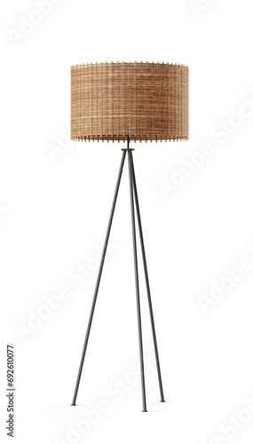 Metal tripod floor lamp with wicker shade isolated on transparent background. Clipping path included. 3D render. photo