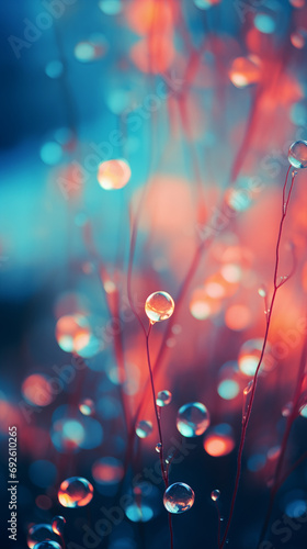 Bokeh Backdrop with Softly Glowing Light Spots & Colorful Gradients - Soft Focus on Dewy Flora with Light Capture, Blue & Red Gradient - Ethereal Botanical Close-Up