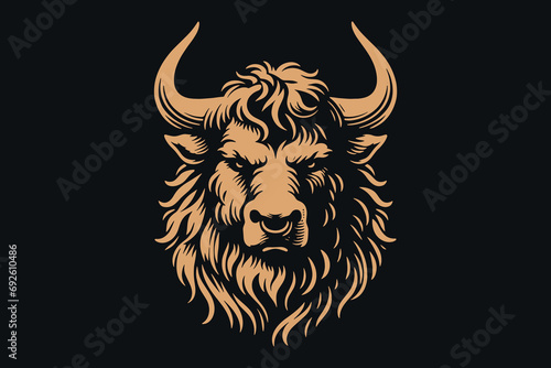 Head of a minotaur, calf, bull. Fierce and beautiful. Engraving vector illustration, logo, icon. Taurus