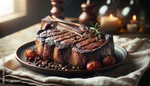 Photographic image of Bistecca alla Fiorentina, a Tuscan steak dish, presented on a plate, showcasing the charred exterior and juicy interior of the thick steak
 photo