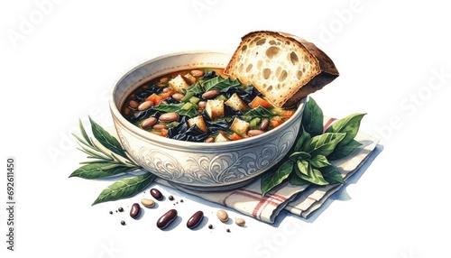 Horizontal watercolor painting of Ribollita, a Tuscan soup, with bread, black cabbage, beans, and vegetables, depicted on a white background
