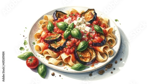 Horizontal watercolor painting of Pasta alla Norma, Sicilian dish, with pasta, tomato sauce, fried eggplant, ricotta salata, and basil on a white background
