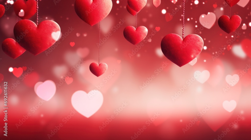 Romantic red heart decorations on glittering background. Valentine's Day celebration.