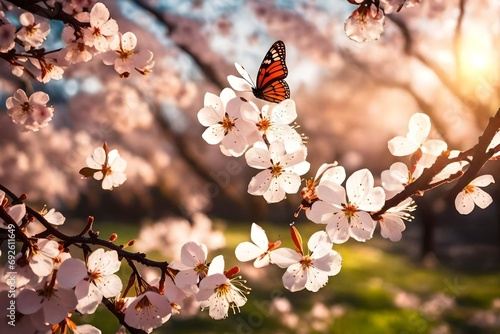 The first rays of the morning sun kissing the cherry blossoms in a tranquil garden, with a butterfly savoring the delicate blooms.