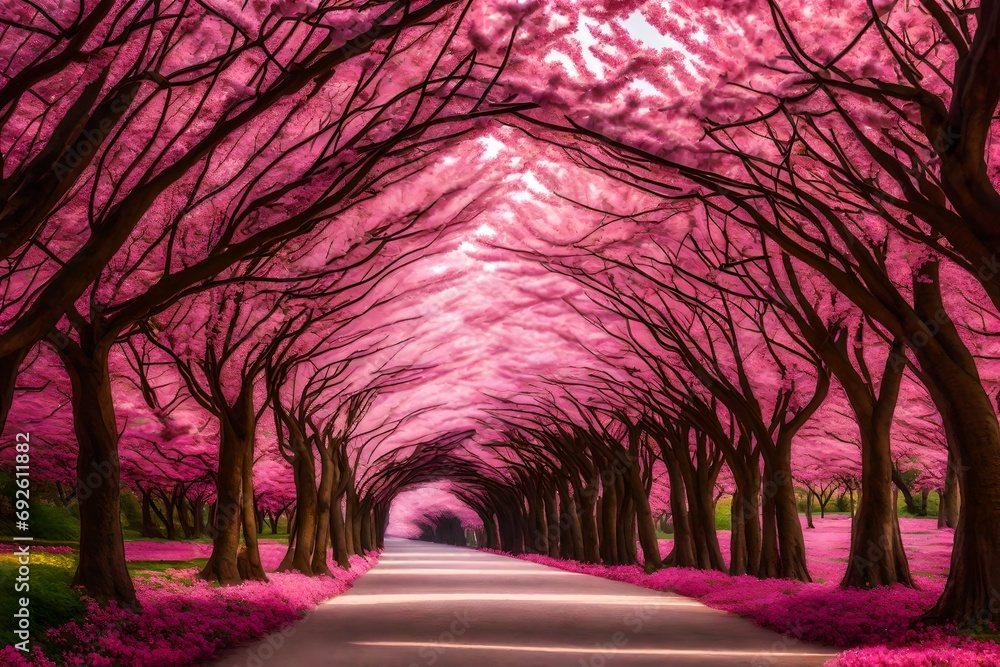 A serene tunnel of pink flower trees in full bloom, creating a breathtaking natural archway.