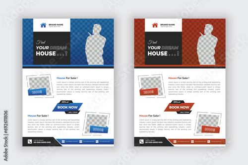 Modern real estate flyer template for housing and property business agency. Creative home sale advertisement brochure design layout