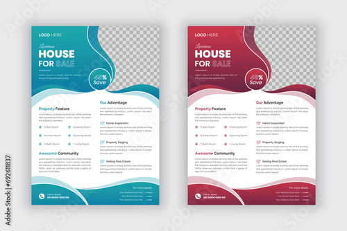Modern real estate flyer template for housing and property business agency. Creative home sale advertisement brochure design layout