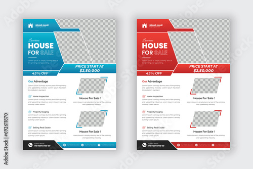 Modern real estate flyer template for housing and property business agency. Creative home sale advertisement brochure design layout