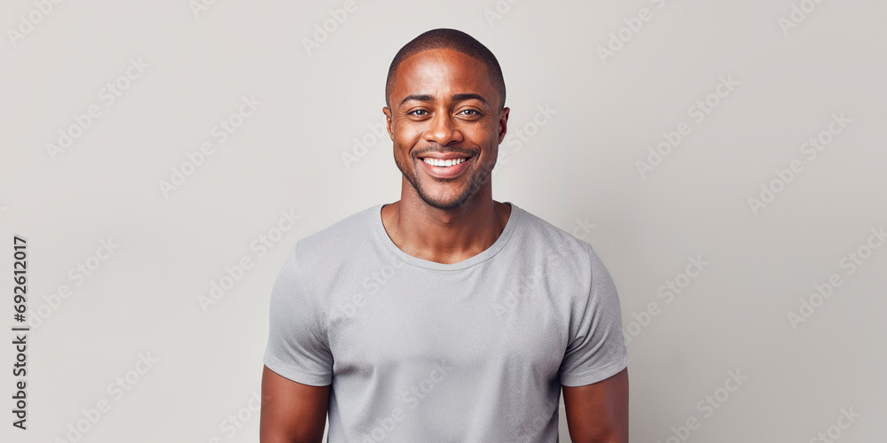 Radiant African American man with a captivating smile, wearing a light grey shirt, against a clean white background. Radiant African American man with a captivating smile, wearing a light grey shirt, against a clean white background.