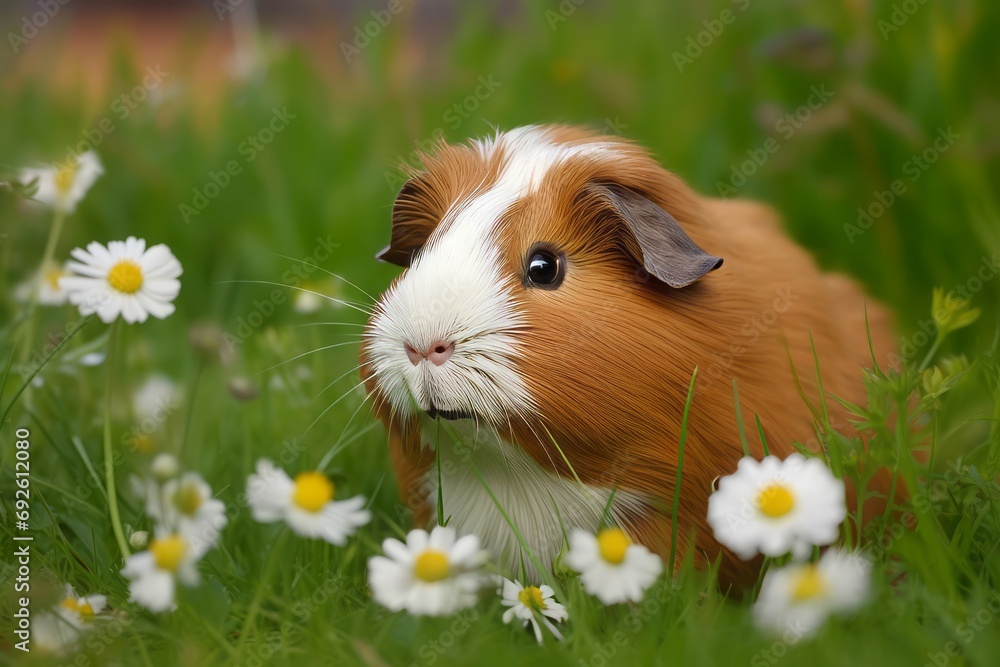 Cute brown guinea pig in grass. Adorable small animal pet in green field with white flowers. Generate ai Cute brown guinea pig in grass. Adorable small animal pet in green field with white flowers. Generate ai