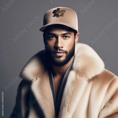 man wearing a backwards cap hat with a faux fur. portrait of a person. Generated with AI photo