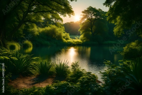 The tranquil beauty of a lakeshore framed by lush greenery under the setting sun