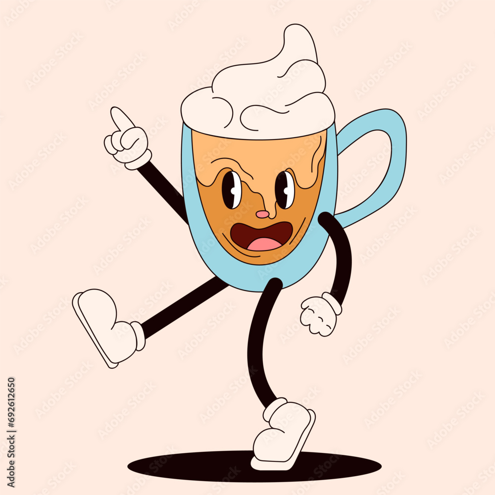 Groovy character in the form of a cup in gloves. Retro cartoon flat style. Vector illustration isolated on a peach background.