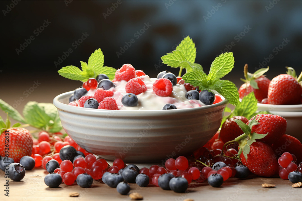 plate with yogurt, peach and berries is on the table, on a coarse cloth, healthy breakfast ,Breakfast Figs and Yogurt Fruit Cups