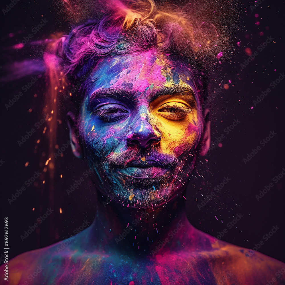 Portrait of a young man with painted face.  Holi festival photo