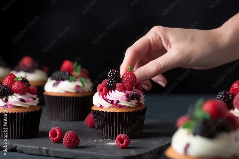 Chef hands decorating cupcakes with berries. Preparing pastry confectionary fruity dessert. Generate ai