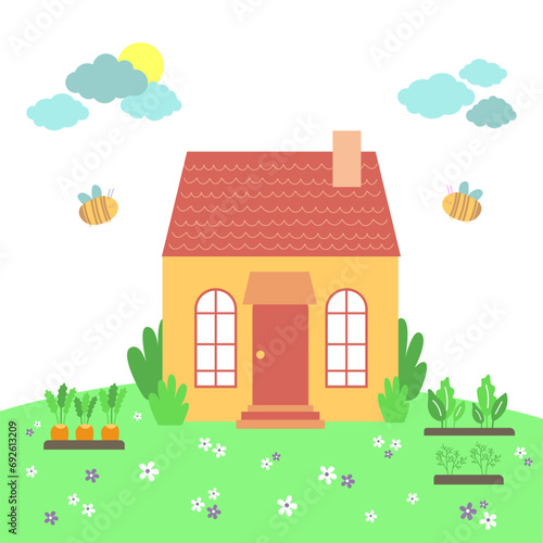 Cute house, welcome spring card with garden, flowers, bees, clouds and sun. Hand drawn flat cartoon elements. Vector illustration isolated on white.