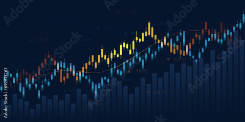 Business financial graph with uptrend line and bar chart of stock market on blue color background