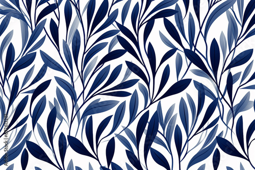 Seamless pattern with blue leaves on white background. 
