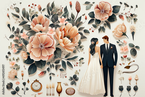 Set of wedding elements. Wedding clipart for save the date invitation card, stickers and print.