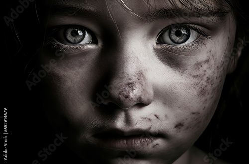 Domestic violence portrait. Physical abused child victim with injured face. Generate ai photo