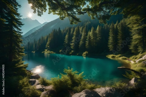 A pristine mountain lake nestled amidst lush forests with a distant peak