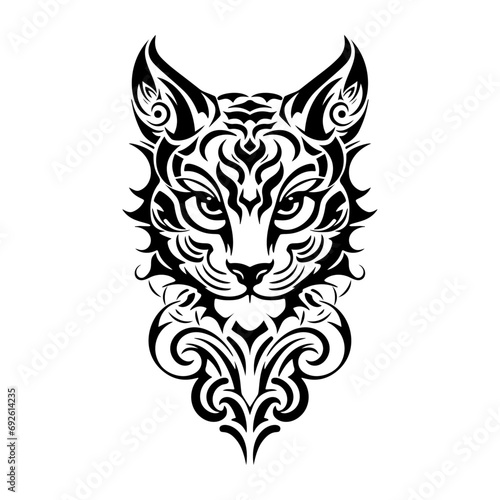 Fototapeta Naklejka Na Ścianę i Meble -  Cute tribal tattoo features a stylized image of a head cat with bold, black lines and intricate patterns.