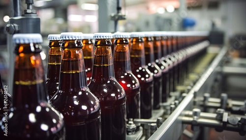 Glass beer bottles moving on conveyor. Glass Brown Bottles Of Beer On Conveyor Belt