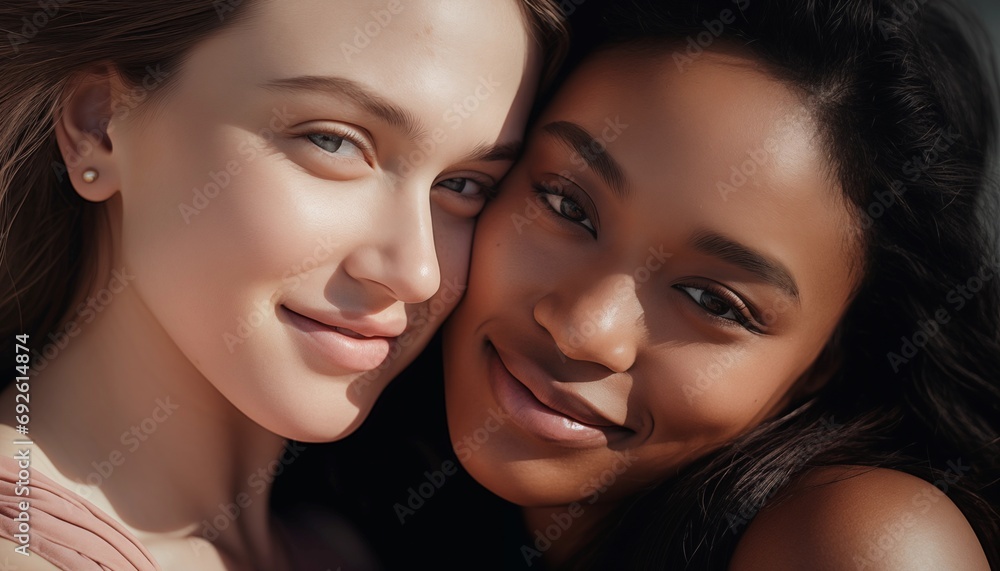 Diverse beautiful girls in love or best friends embracing each other with tenderness and hugging closely on sunny day outdoors Diverse beautiful girls in love or best friends embracing each other with tenderness and hugging closely on sunny day outdoors