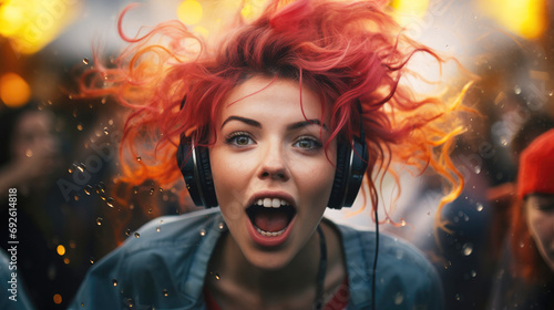 Portrait of funny young woman with moving hair wearing headphones, listening and singing her favorite music on bright background in the street. Generative Ai