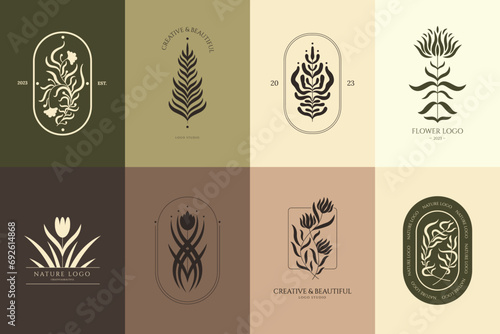 Boho floral emblems. Abstract botanical symbols with leaves and flowers. Magic zodiac astrology signs. Nature luxury emblem design vector set