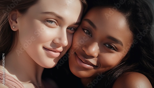 Diverse beautiful girls in love or best friends embracing each other with tenderness and hugging closely on sunny day outdoors