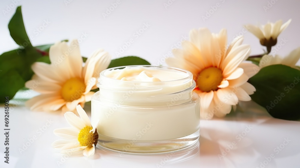whitening and moisturizing Face cream in an open glass jar and flowers on white background. Set for spa, skin care and body products and solutions for skin problems such as scars, acne, wrinkles. whitening and moisturizing Face cream in an open glass jar and flowers on white background. Set for spa, skin care and body products and solutions for skin problems such as scars, acne, wrinkles.