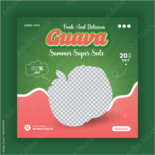 Modern and elegant healthy food social media post design. Delicious guava social media post template.