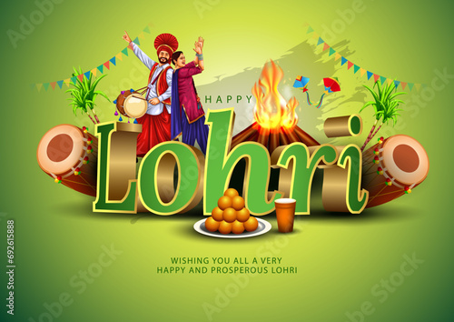 Indian festival Happy lohri with Lohri props, holiday Background, Punjabi celebration greeting card, vector illustration design.