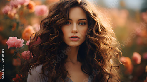 Beautiful young woman with long curly hair.