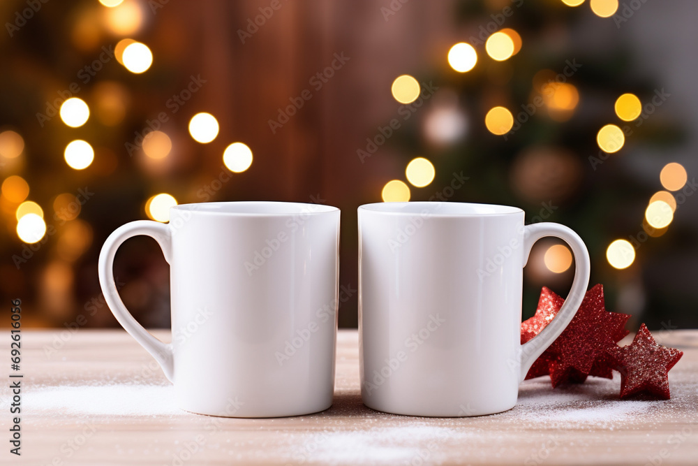 Fototapeta premium Photo christmas mockup white empty tea mugs on a wooden table on christmas lights