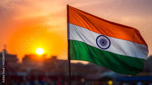 India flag flying high at Connaught Place with pride in blue sky, India flag fluttering, Indian Flag on Independence Day and Republic Day of India, tilt up shot, Waving Indian flag, Har Ghar Tiranga
