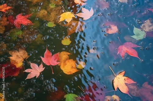 Fall leaves in pond. Colorful autumn tree leaves in lake pure water. Generate ai
