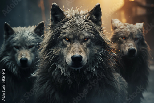 Wolves in a pack, their breath visible in the cold air, minimalistic cinematic style