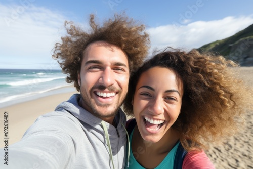Waves of Happiness: Close-Up of a Frontal Image Capturing a Young Couple's Beach Enjoyment