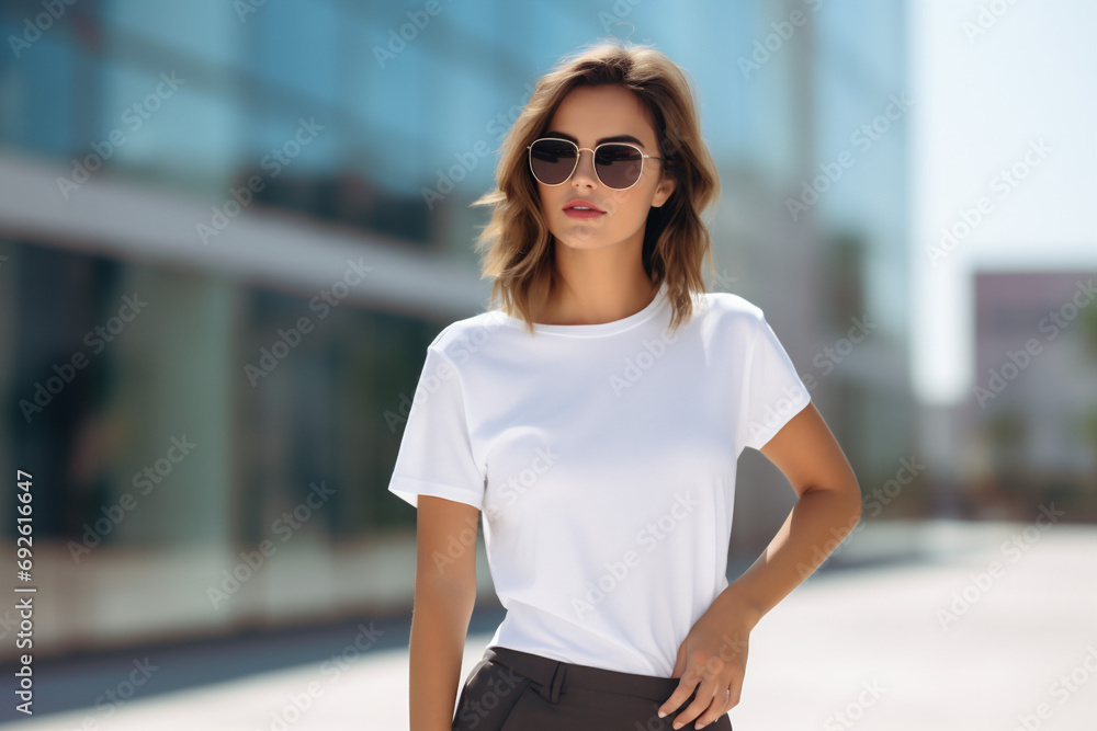 A confident lady wearing a white T-shirt and chic glasses stays outdoors with a touch of elegance A confident lady wearing a white T-shirt and chic glasses stays outdoors with a touch of elegance