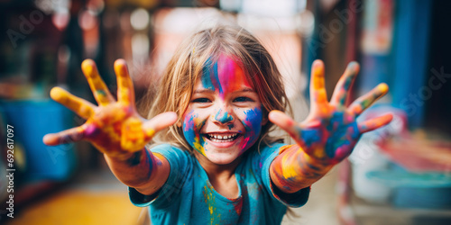 Joyful little girl with paint-covered hands in vibrant colors, smiling broadly, with a background of creative mess. photo