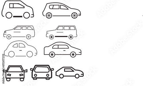 Cars front and side view signs. Vehicle black silhouette vector icons isolated on white background. Automobile vehicle for transportation, transport automotive illustration eps 10