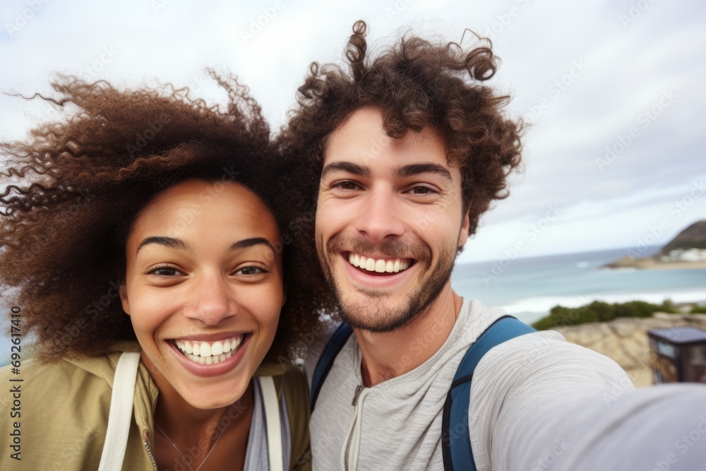 Summer Love: A Frontal Image Showcasing a Happy Young Duo on a Beach Outing Summer Love: A Frontal Image Showcasing a Happy Young Duo on a Beach Outing